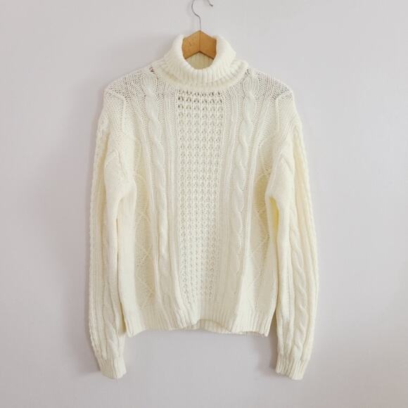 Vintage Cortini Ivory White Heavy Cable Knit Fisherman Style Turtleneck Sweater - Picture 9 of 14